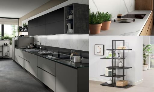 design interior kitchen ( dapur ) minimalis warna putih hitam abu-abu krem solid surface granit hpl kayu finishing duco lighting warm