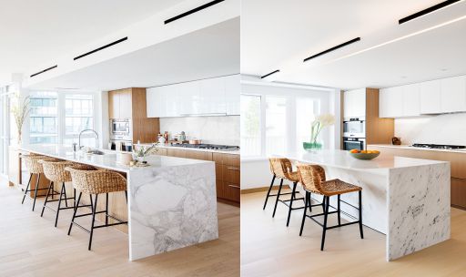 contoh gambar photo desain dapur minimalis ( design interior kitchen minimalist ) table solid surface batu granit, kursi rotan, kitchen set terbuat dari hpl kayu dan melamin