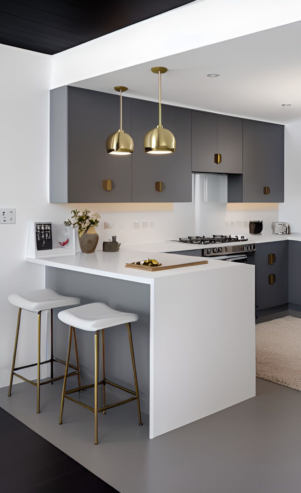 contoh gambar photo desain dapur minimalis ( design interior kitchen minimalist ) white island table, material solid surface granit, black kitchen set