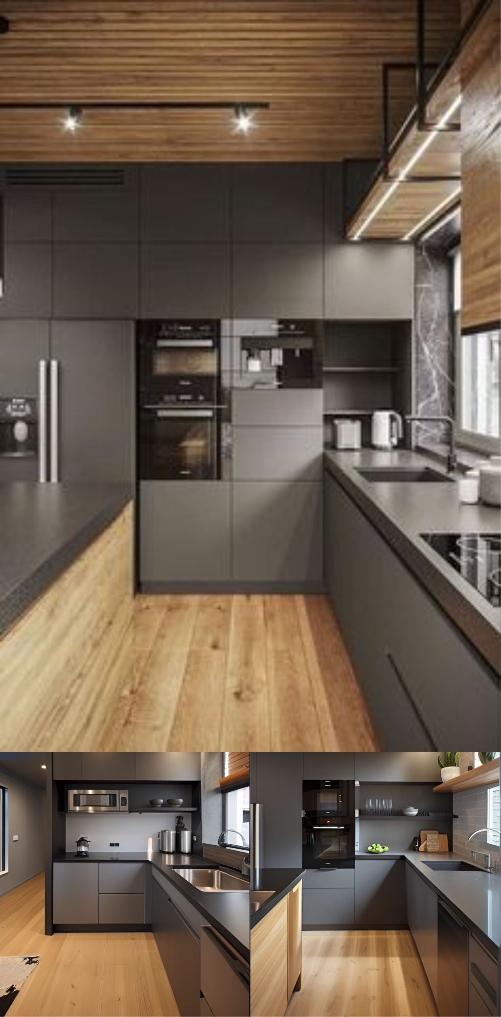 contoh gambar photo desain dapur minimalis modern ( design interior kitchen modern minimalist ) dominasi warna silver dan hpl kayu finishing duco