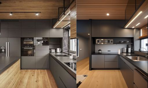 contoh gambar photo desain dapur minimalis modern ( design interior kitchen modern minimalist ) dominasi warna silver dan hpl kayu finishing duco