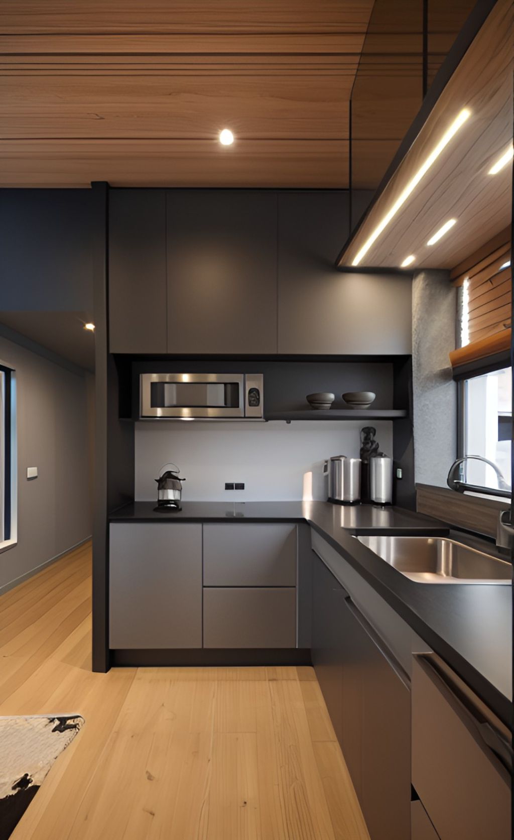 contoh gambar photo desain dapur minimalis modern ( design interior kitchen modern minimalist ) dominasi warna silver dan hpl kayu finishing duco