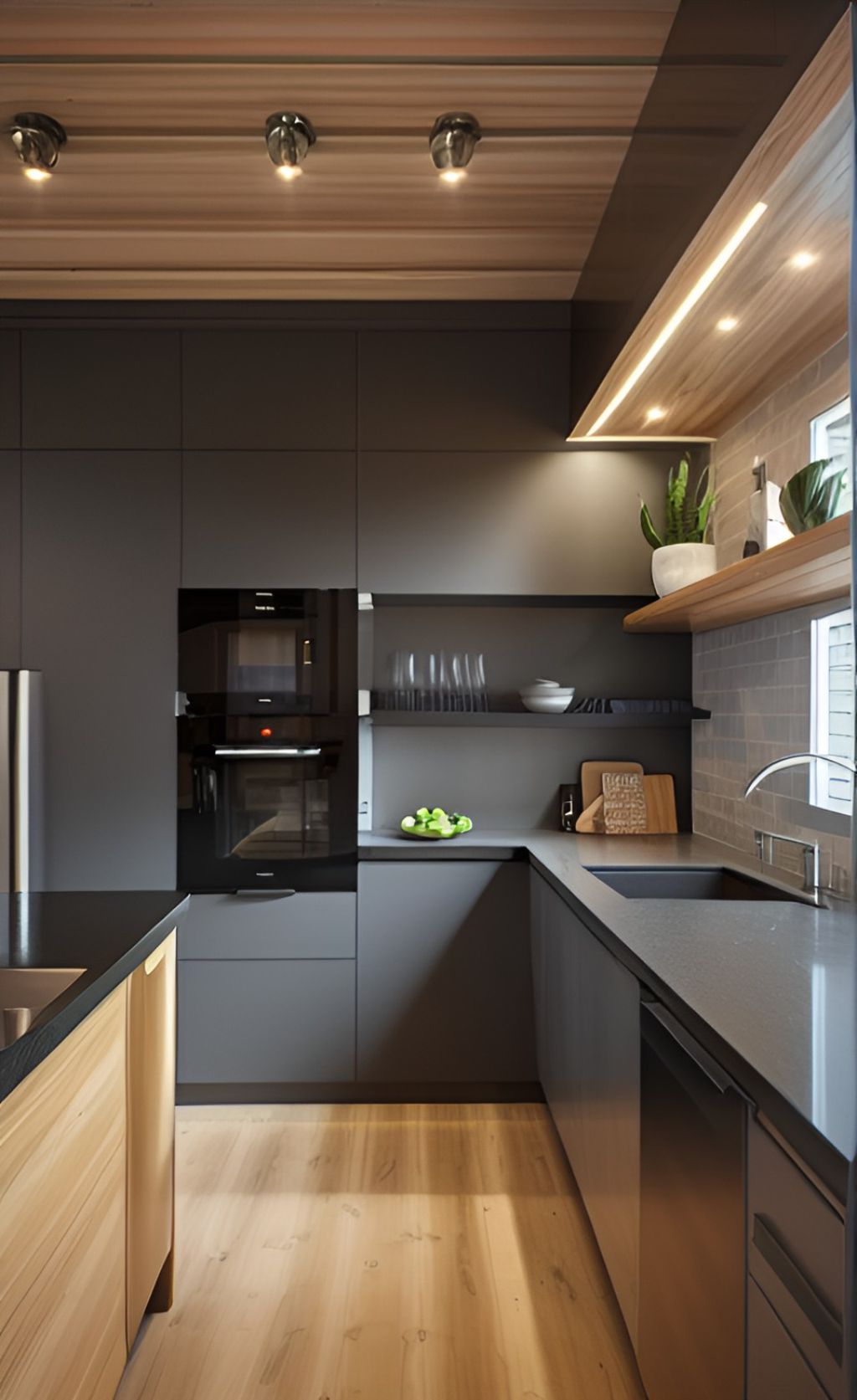 contoh gambar photo desain dapur minimalis modern ( design interior kitchen modern minimalist ) dominasi warna silver dan hpl kayu finishing duco