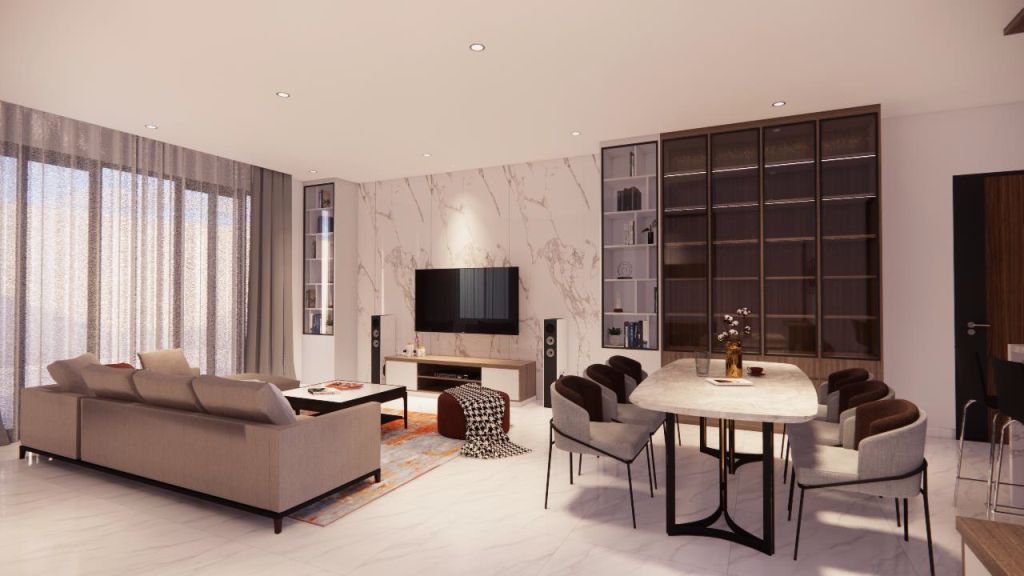 desain ruang tamu dan ruang keluarga perumahan kota wisata cluster bellevue - Cibubur - Jakarta Timur