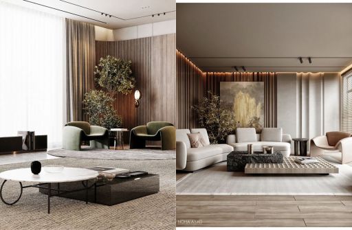 Design Interior Ruang Tamu ( Livingroom ) Minimalis modern dengan sentuhan tumbuhan hijau tropis segar asri mewah