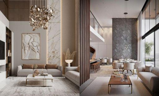 Design Interior Ruang Tamu ( Livingroom ) Minimalis Modern Putih aksen Gold Mewah