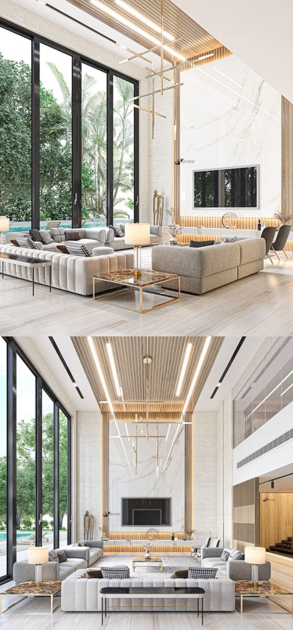 Design Interior Ruang Tamu ( Livingroom ) minimalis Modern Putih Aksen Gold HPL