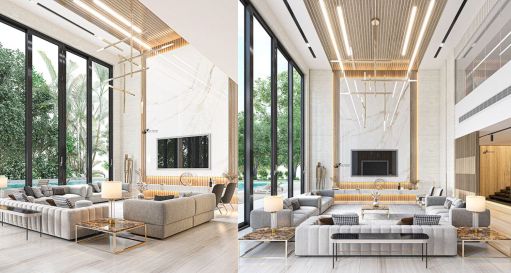 Design Interior Ruang Tamu ( Livingroom ) minimalis Modern Putih Aksen Gold HPL