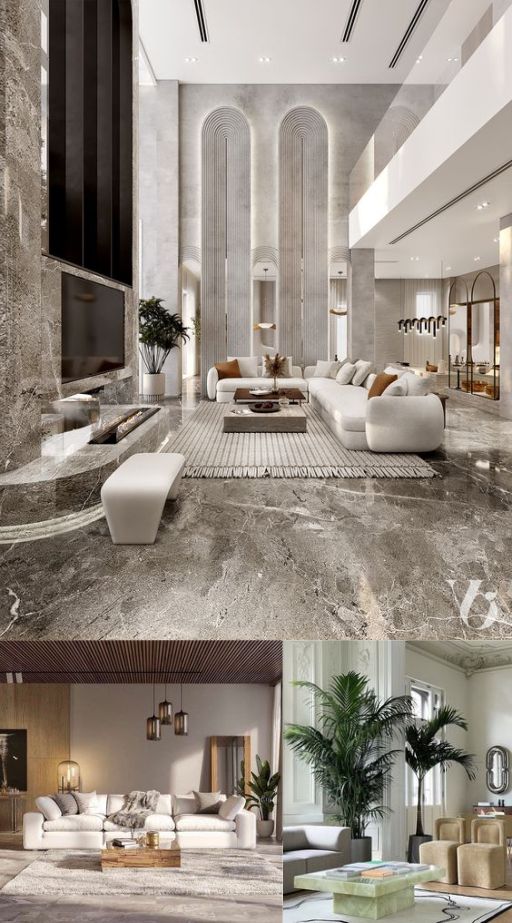 Design Interior Livingroom ( desain ruangan ruang tamu ) modern mediteranian warna hitam putih batu marmer granit tumbuhan palm