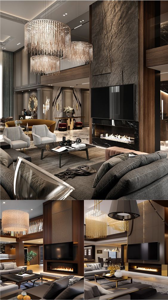 Design Interior Livingroom ( desain ruang tamu ) classic modern warna hitam putih aksen gold dengan lampu hias material HPL tekstur kayu finishing duco