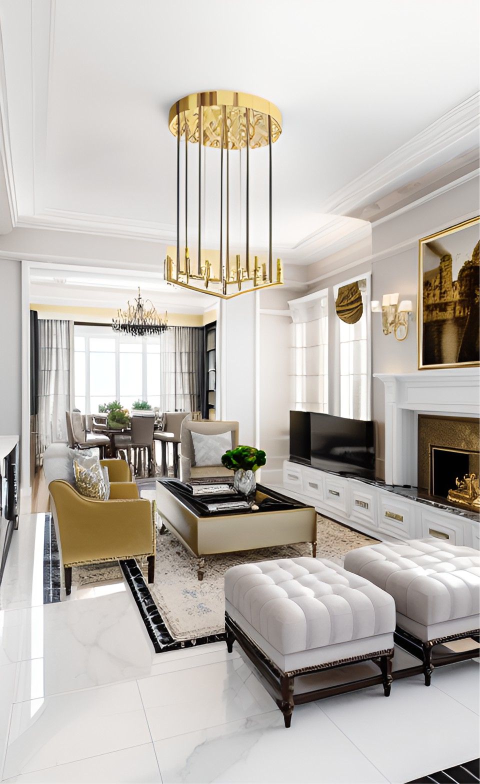 Design Interior Livingroom ( desain ruang tamu ) classic modern warna putih aksen gold bahan HPL finishing duco 