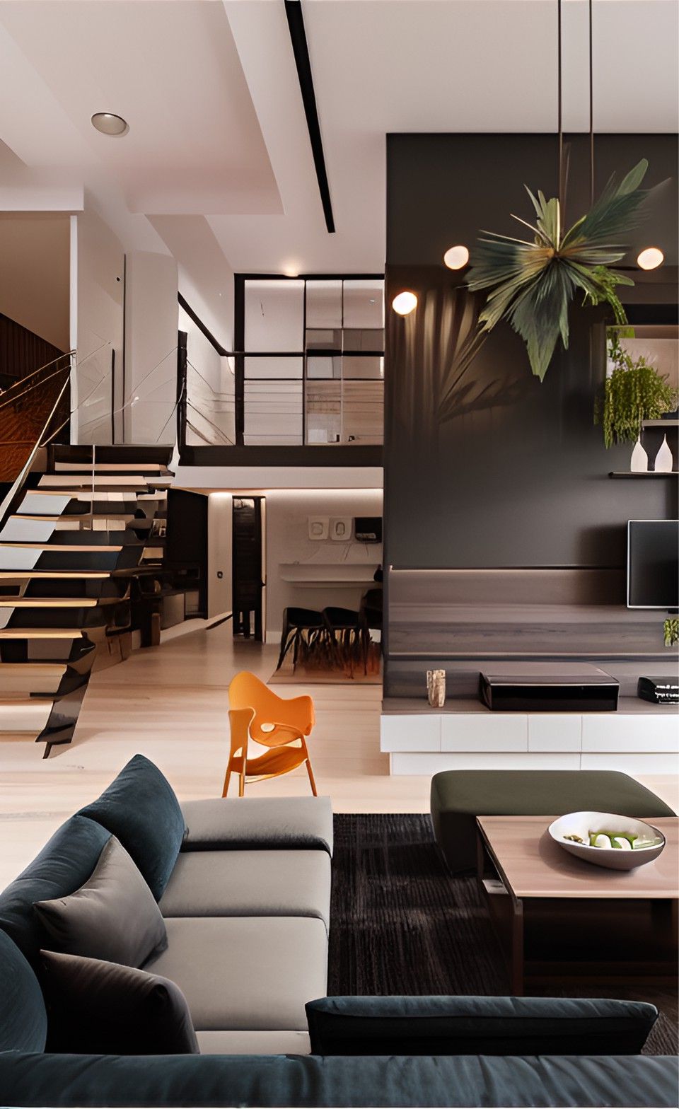 design interior livingroom ( desain ruang tamu ) minimalis modern warnah hitam putih krem material bahan HPL tekstur kayu finishing duco flooring LVT lampu hias