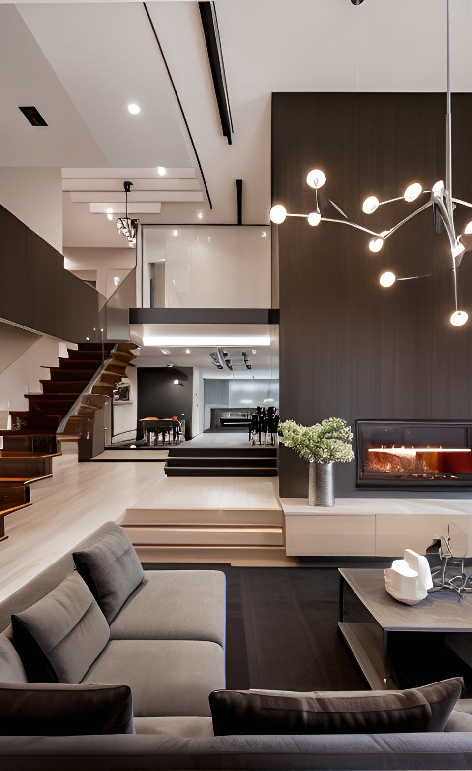 design interior livingroom ( desain ruang tamu ) minimalis modern warnah hitam putih krem material bahan HPL tekstur kayu finishing duco flooring LVT lampu hias