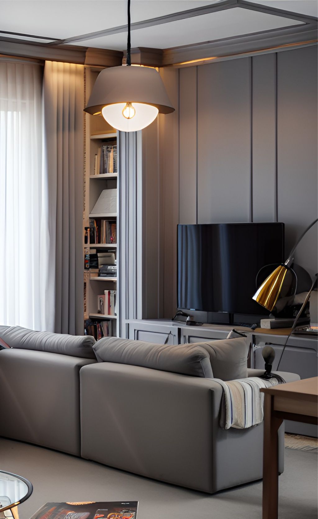 design interior livingroom modern minimalist ( desain ruang tamu ) livingroom with a grey sofa, 3 grey pillows on the sofa, open shelve with books at corner enlighten by a down light lamp, 3 circular decorative lamps hanging straight from ceiling, a transparent curtain on window, grey vertical wallpanel with black TV, part of visible stair