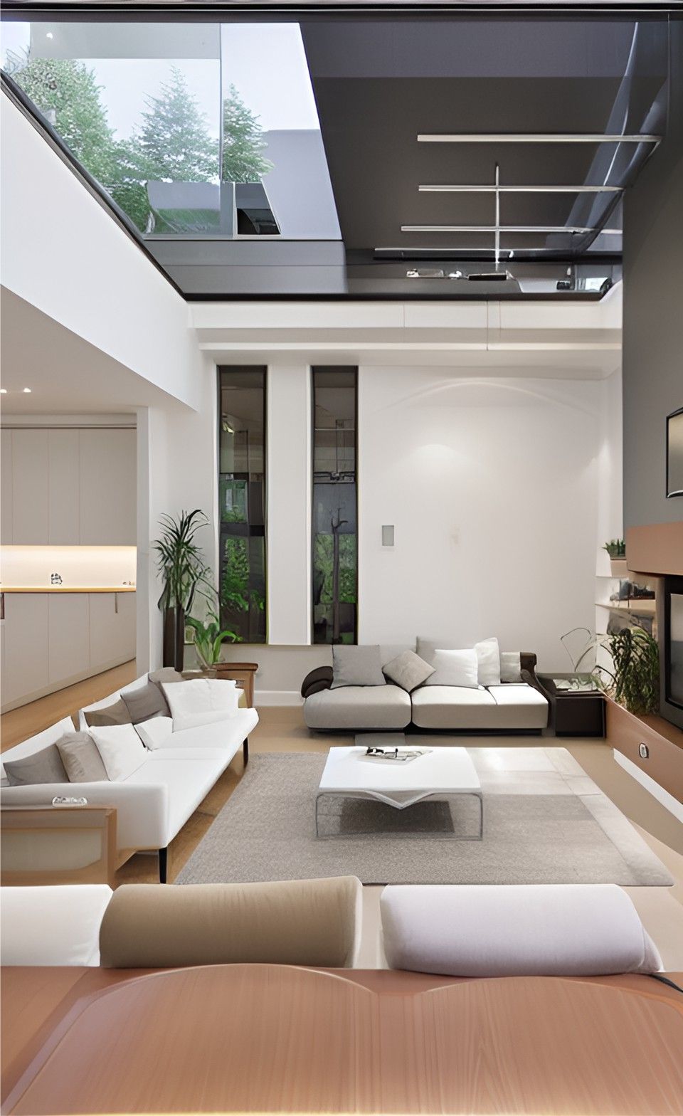 desain interior ruang tamu ( design interior livingroom ) dinding putih, lantai LVT kayu, atap kaca