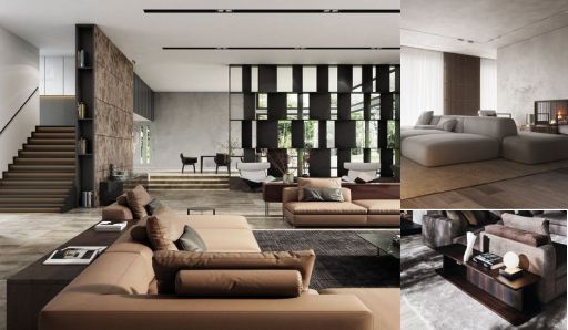 Design Interior Livingroom ( desain ruang tamu ) minimalis warna hitam putih hpl kayu flooring karpet LVT finishing duco 