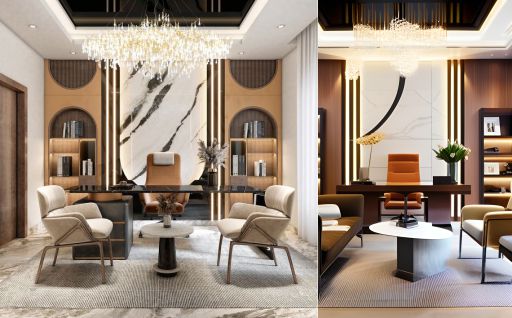 design interior office modern ( desain ruangan kantor modern ) warna putih coklat krem hitam flooring LVT karpet 