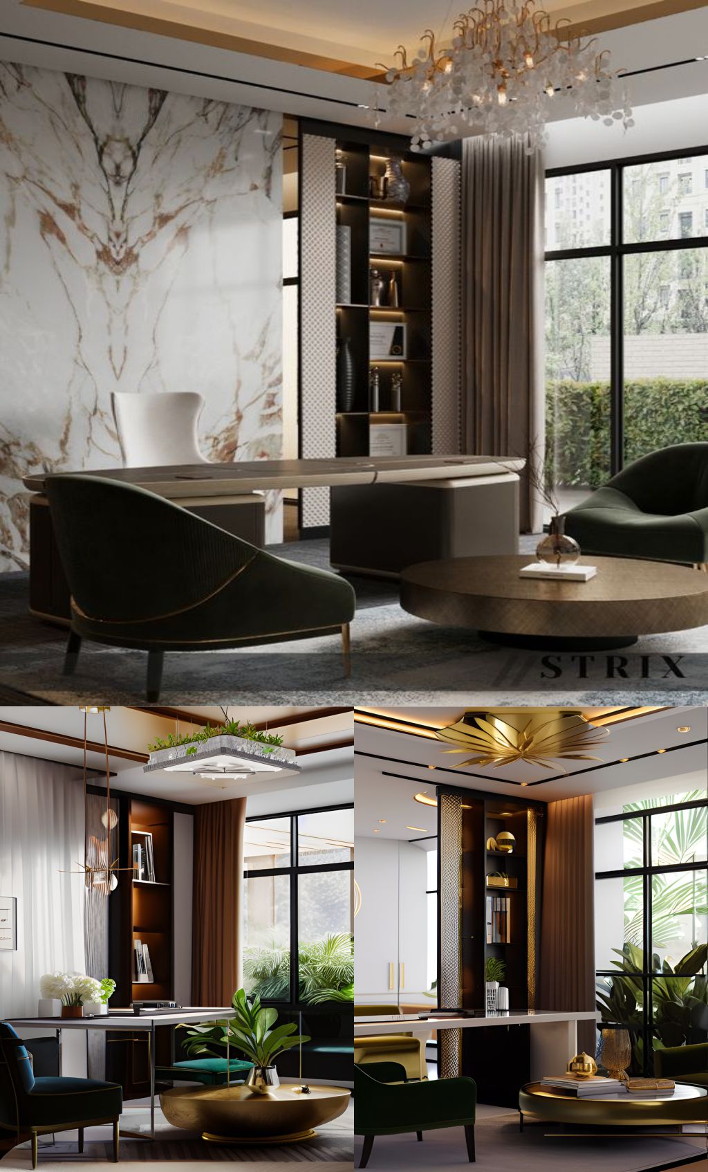 design interior office modern ( desain ruangan kantor modern ) warna putih hitam coklat aksen emas