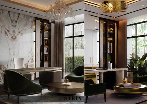 design interior office modern ( desain ruangan kantor modern ) warna putih hitam coklat aksen emas