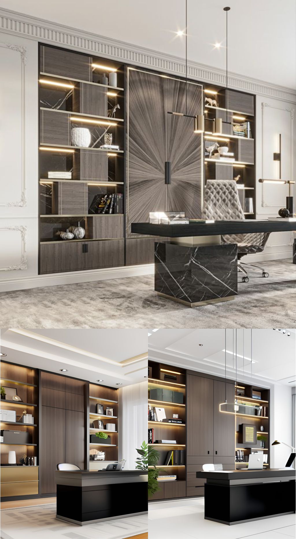 design interior office classic modern ( desain ruangan kantor klasik modern ) warna hitam putih gold tekstur kayu material HPL finishing duco