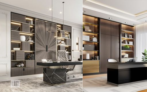 design interior office classic modern ( desain ruangan kantor klasik modern ) warna hitam putih gold tekstur kayu material HPL finishing duco