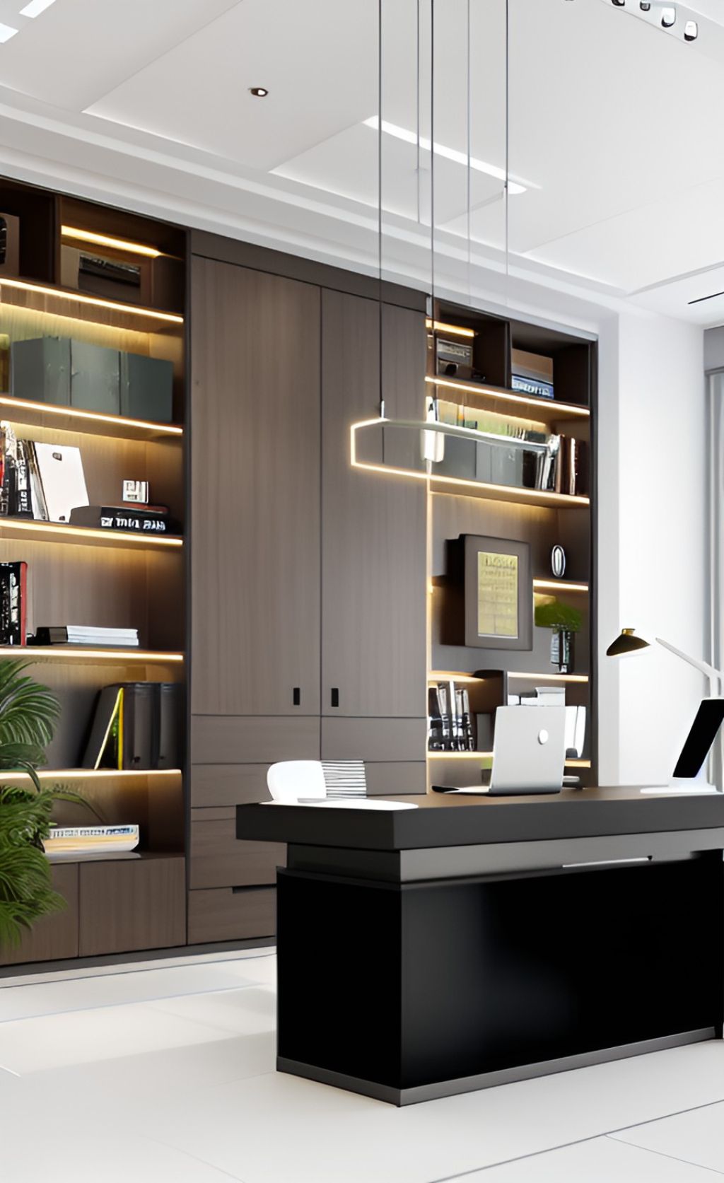 design interior office classic modern ( desain ruangan kantor klasik modern ) warna hitam putih gold tekstur kayu material HPL finishing duco