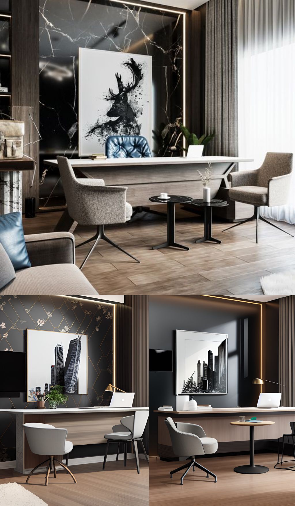 design interior office minimalis modern ( desain ruangan kantor modern ) warna putih hitam granite aksen emas