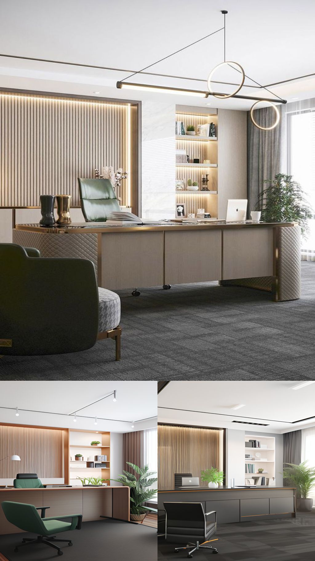 design interior office minimalis modern ( desain ruangan kantor minimalis modern ) warna putih abu-abu aksen gold