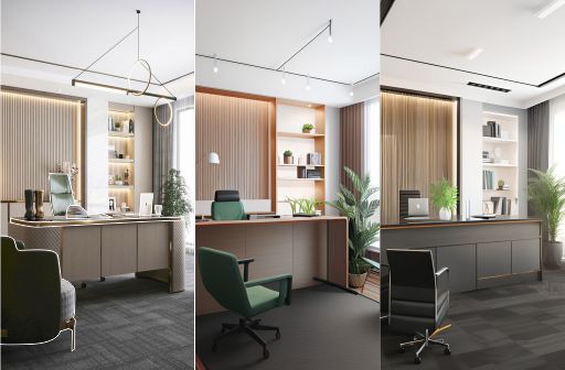 design interior office minimalis modern ( desain ruangan kantor minimalis modern ) warna putih abu-abu aksen gold