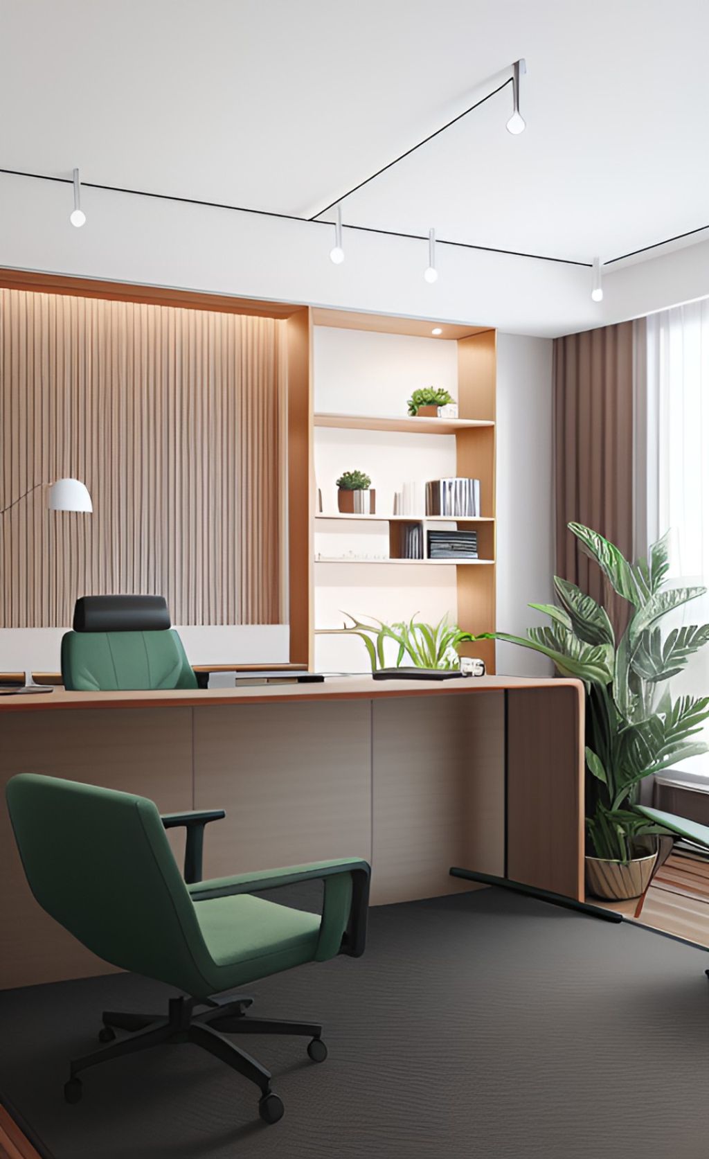 design interior office minimalis modern ( desain ruangan kantor minimalis modern ) warna putih abu-abu aksen gold
