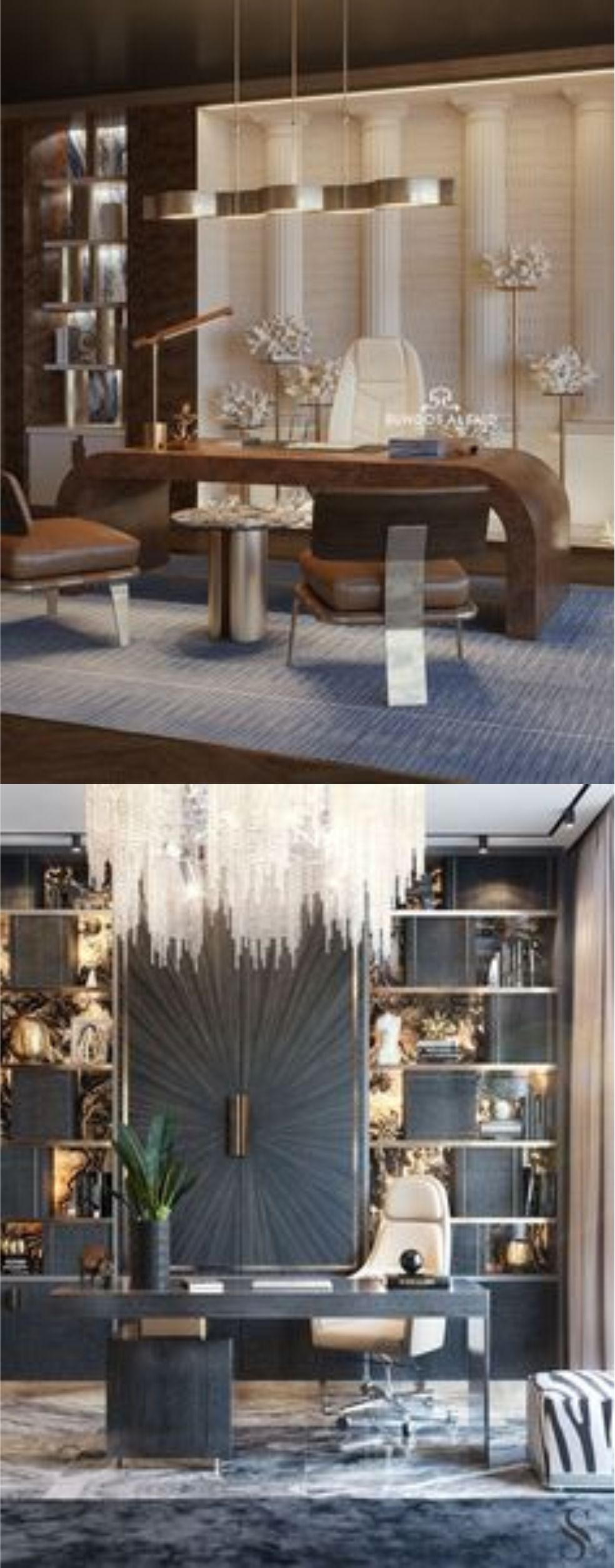 contoh desain ruangan kantor ( design office interior ) minimalis modern mewah warna coklat hitam krem putih hpl kayu