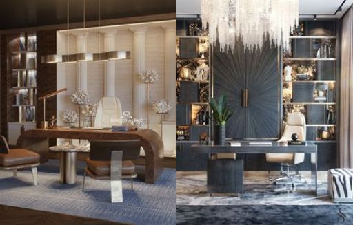 contoh desain ruangan kantor ( design office interior ) minimalis modern mewah warna coklat hitam krem putih hpl kayu