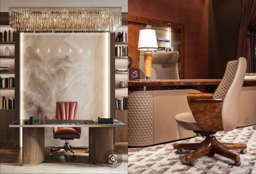 contoh desain ruangan kantor ( design office interior ) modern mewah warna coklat hitam krem putih material hpl kayu lighting warm