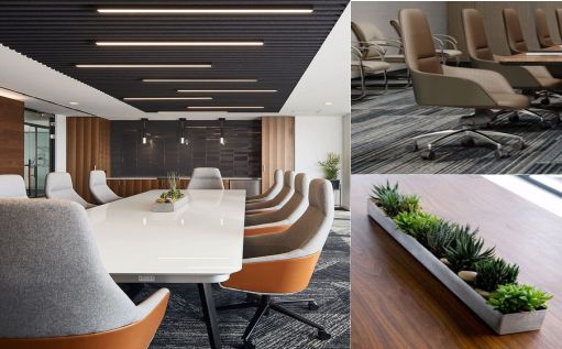 Design Interior Office ( desain ruangan kantor ) minimalis modern warna hitam putih finishing duco flooring LVT