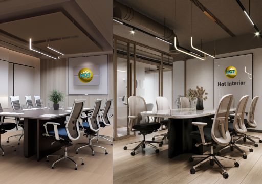 design interior office meeting room Industrial Modern ( desain ruangan kantor industrial modern ) 6 kursi dinding putih 
