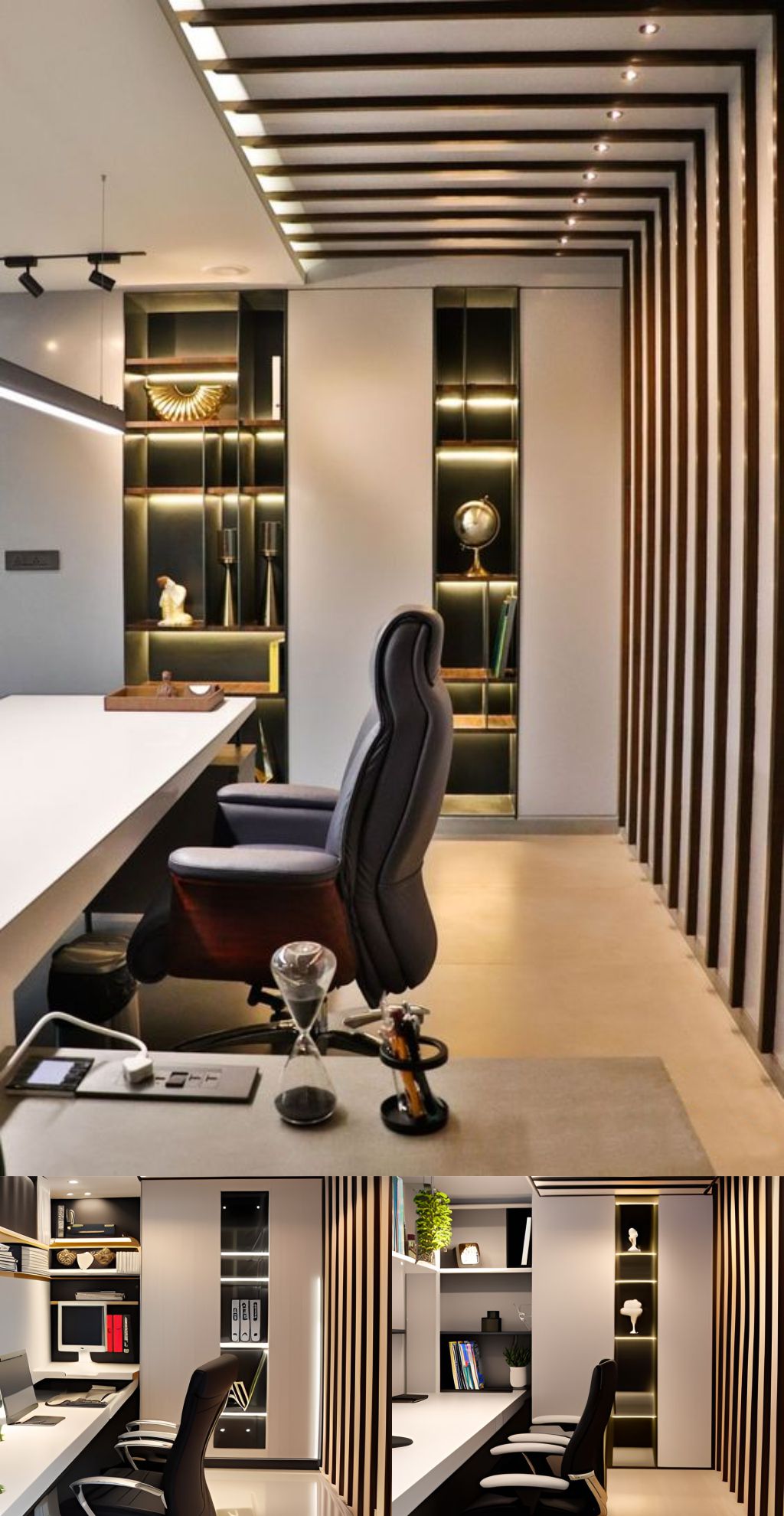 design interior office minimalist modern ( desain ruangan kantor minimalis modern ) warna dinding putih wallpanel hitam kursi hitam lantai mengkilat marmer