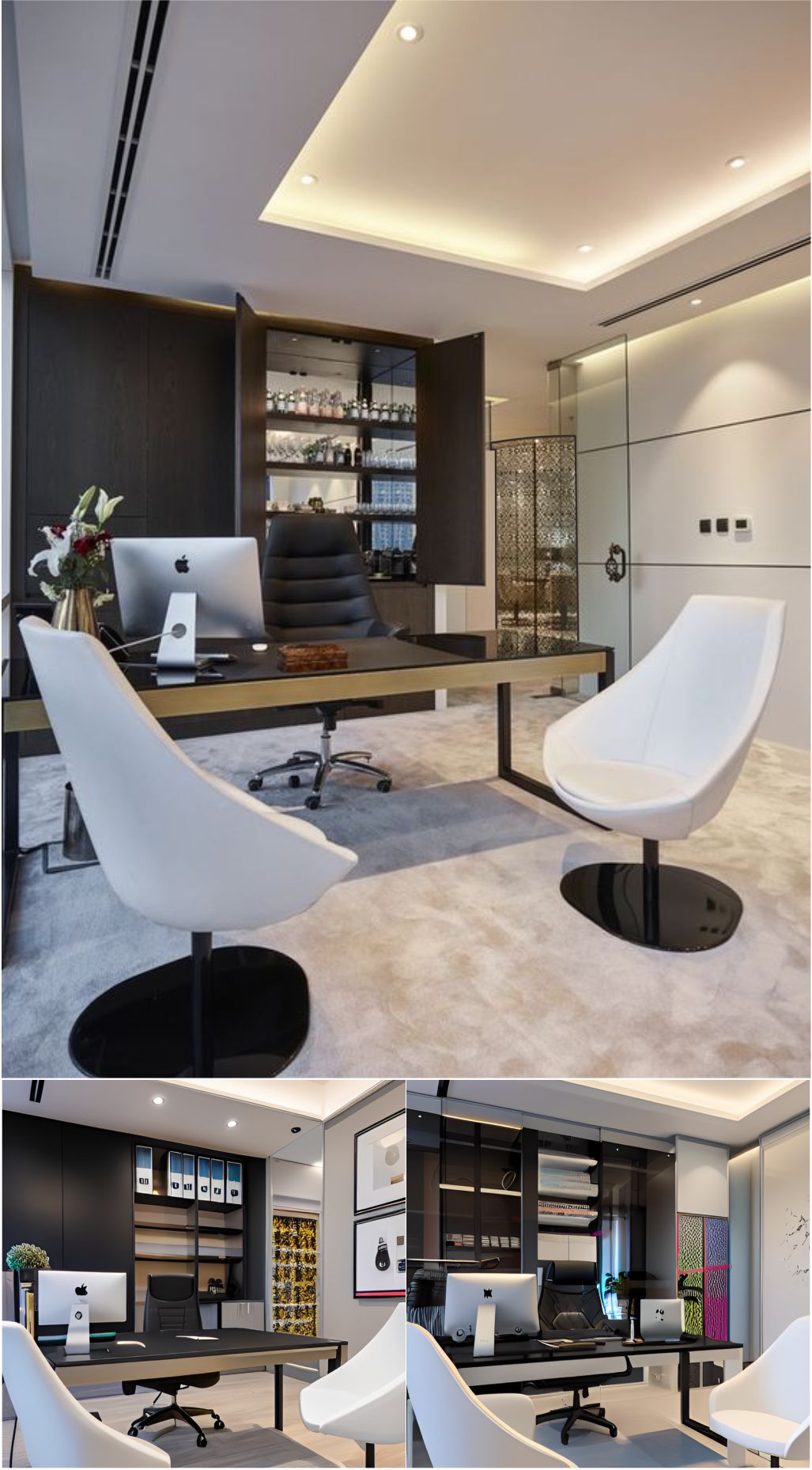 design interior office minimalist modern ( desain ruangan kantor minimalis modern ) kursi putih hitam, monitor komputer, wallpanel hitam, rak hitam , drop ceiling putih dinding putih