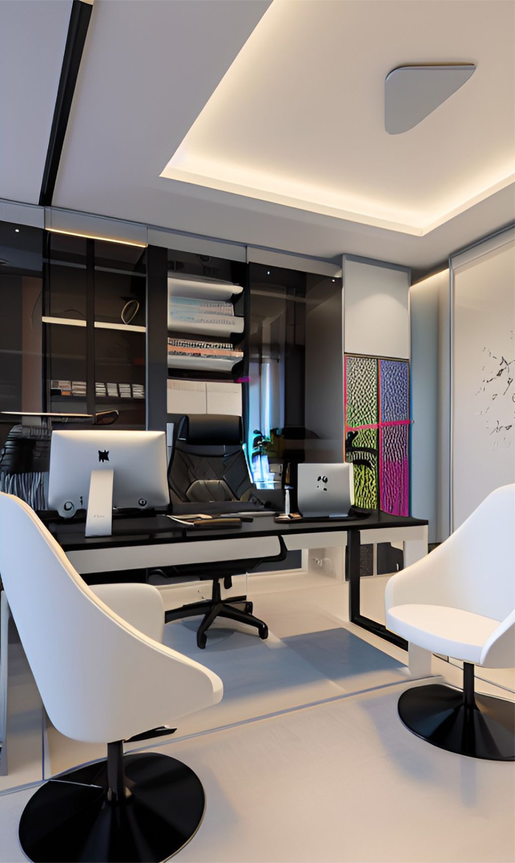 design interior office minimalist modern ( desain ruangan kantor minimalis modern ) kursi putih hitam, monitor komputer, wallpanel hitam, rak hitam , drop ceiling putih dinding putih
