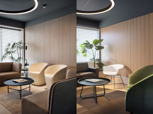 design interior office minimalist modern ( desain ruangan kantor minimalis modern ) sofa hitam putih kursi, ceiling hitam dengan hiasan elips, ada tumbuhan hijau