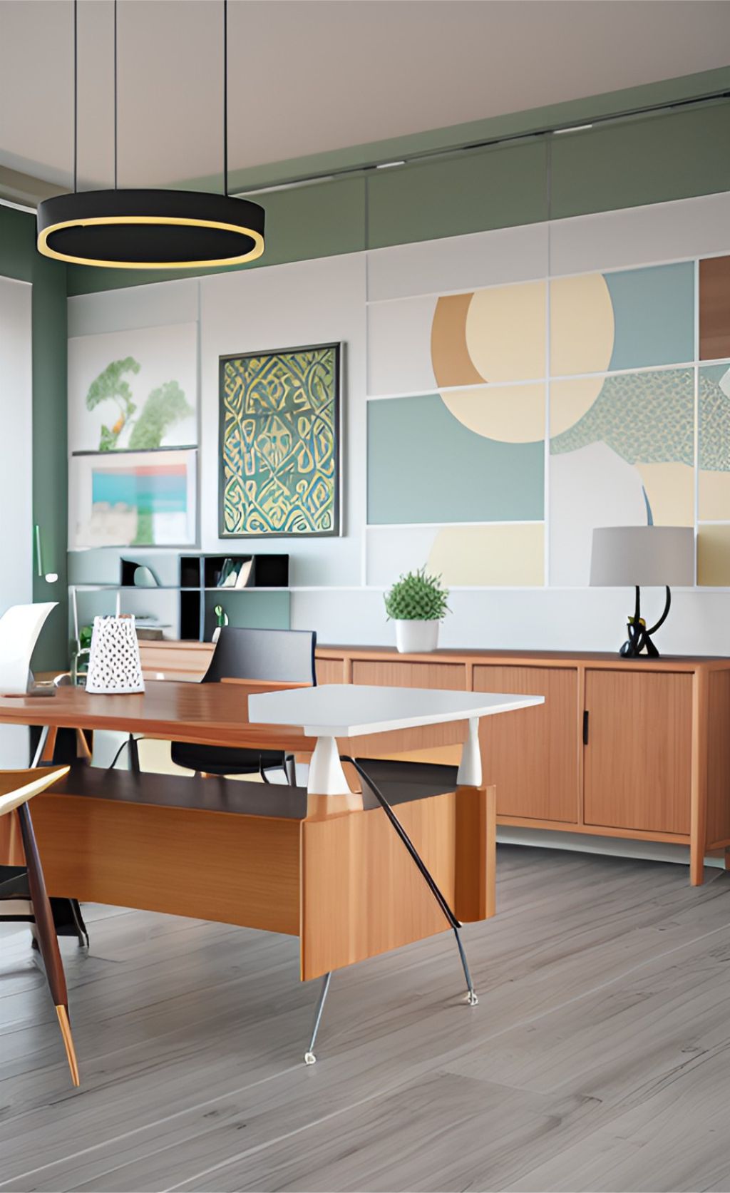 design interior office minimalist ( desain ruangan kantor minialis ) office with a wooden table created from tiled wood, top table material is glass, a black boss chair, a wooden cabinet created from tiled wood, a white wall with a painting, a green foliage over the cabinet, a white laptop and a white ceramic cup, circular decorative lamp hanging at the ceiling