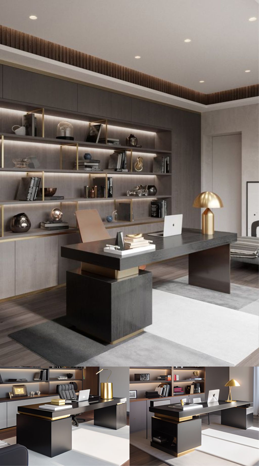 gambar photo desain ruangan kantor minimalis modern ( design interior office modern minimalis ) meja hitam , rak hitam, material bahan HPL