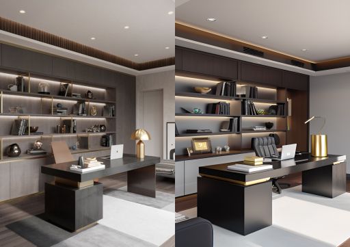 gambar photo desain ruangan kantor minimalis modern ( design interior office modern minimalis ) meja hitam , rak hitam, material bahan HPL