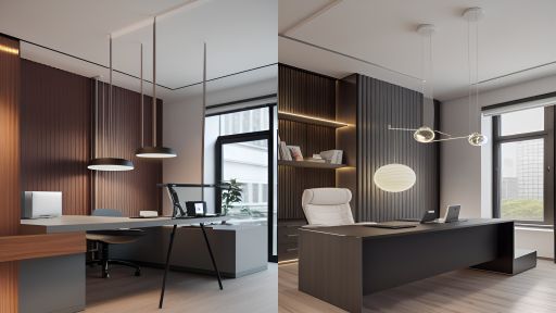 contoh photo desain ruangan kantor minimalis ( design interior office minimalist) meja hitam, wallpanel hitam, rak, material hpl