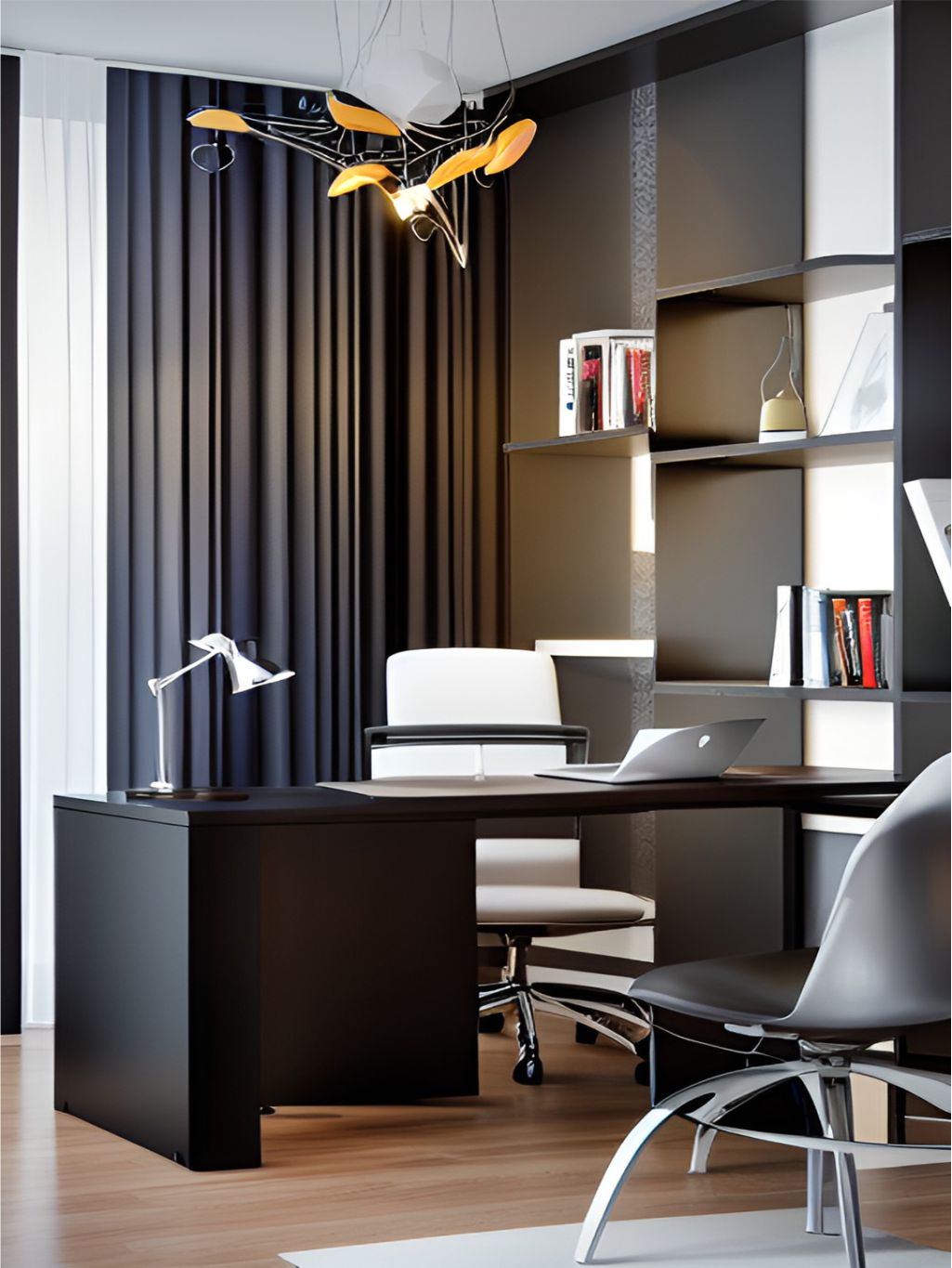 contoh gambar photo desain ruangan kantor minimalis modern ( design interior office modern minimalist ) meja hitam, rak hitam bahan HPL