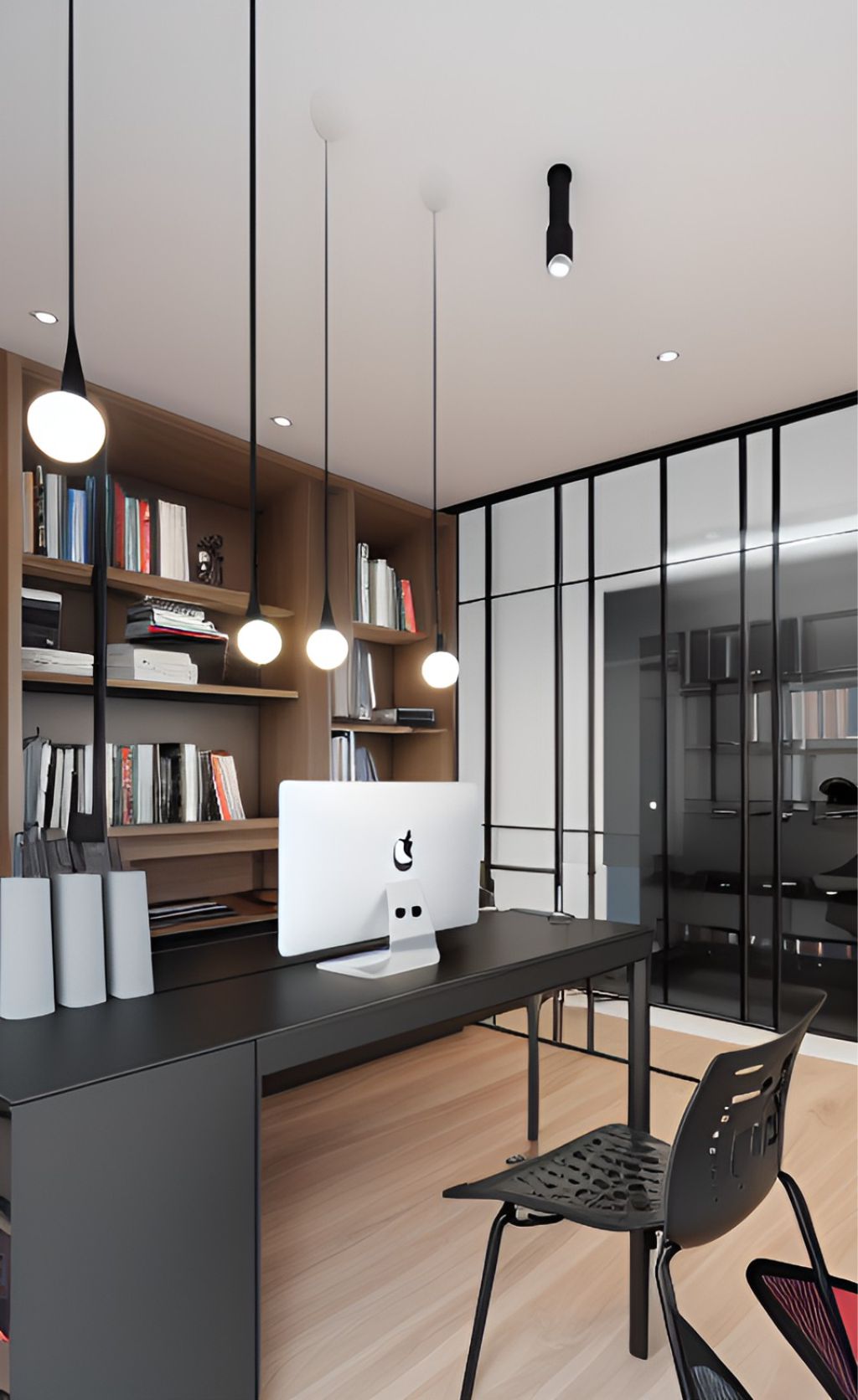 contoh gambar photo desain ruangan kantor minimalis modern ( design interior modern minimalist ), meja hitam, rak hitam, flooring LVT