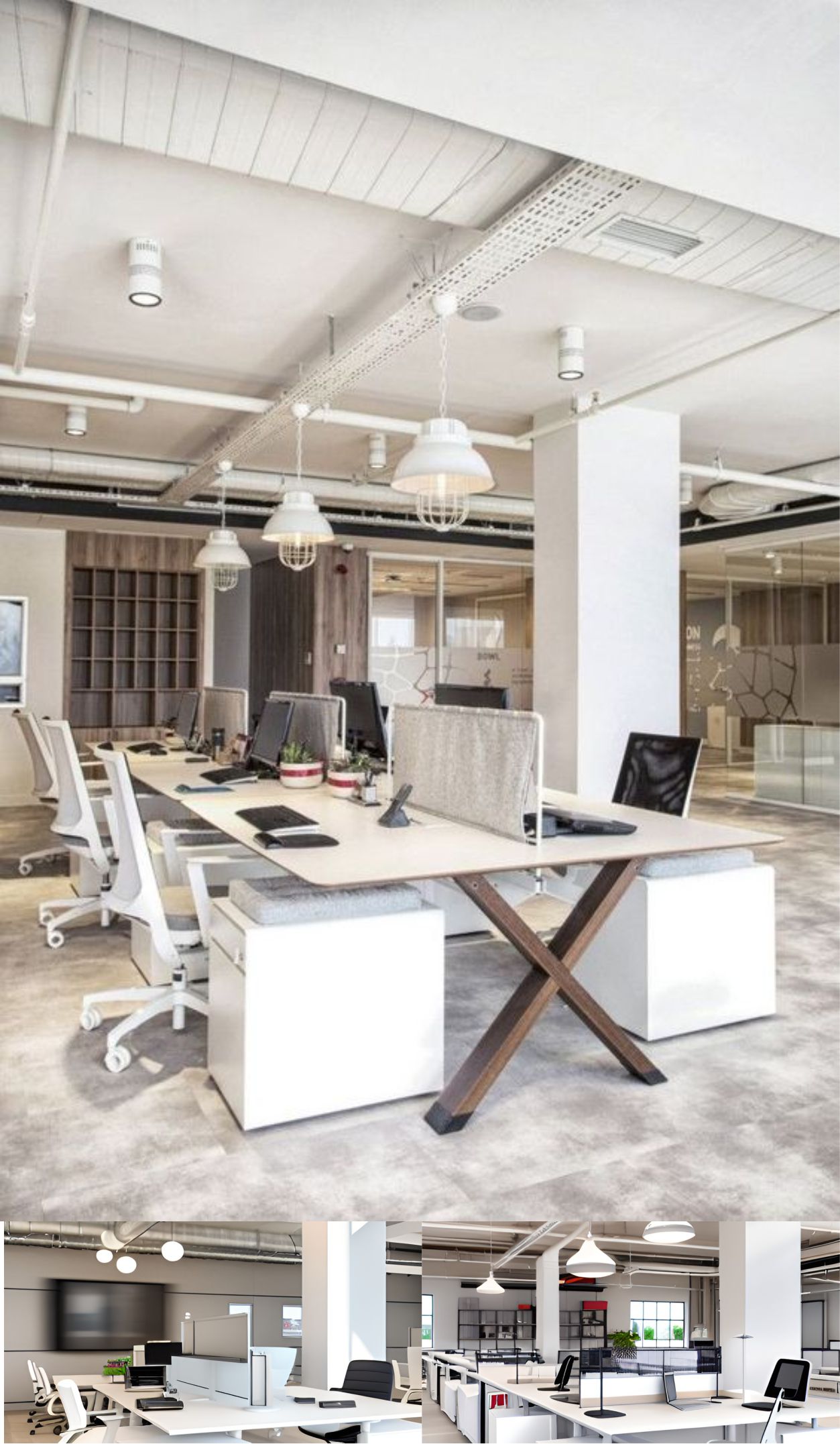 contoh gambar desain ruangan kantor industrial ( design interior office industrial ) office industrial style with a white pillar, table with seperator and X legs shape, some white chair with black part on the back rest, 2 boxes with a drawer each,  3 white hanging lamps, pipes decorating the ceiling