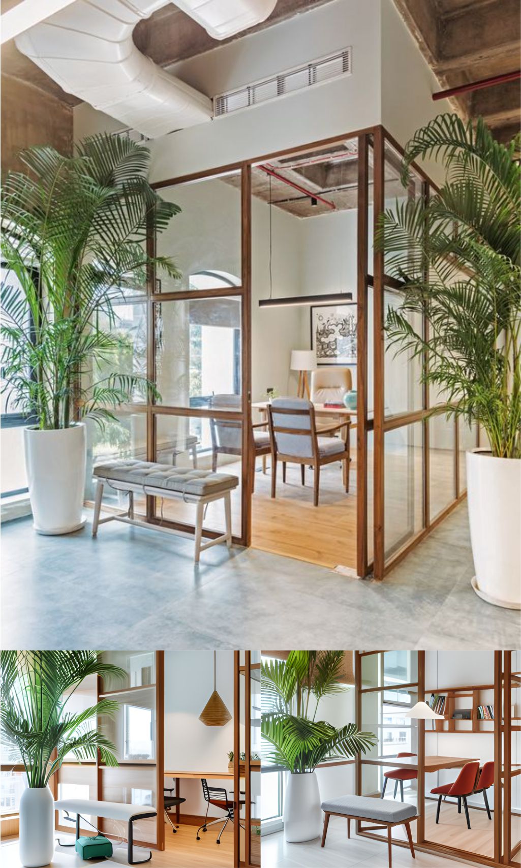 contoh gambar photo desain ruangan kantor minimalis ( design interior office minimalis ) office with a small room encased with glass separator framed with wood, a bench with foam, a vase with palm grow from within, wood chairs inside the room with a mattress on it, a table with ornament, a white decorative lamp on the corner, long hanging lamp