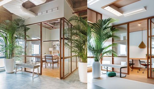 contoh gambar photo desain ruangan kantor minimalis ( design interior office minimalis ) office with a small room encased with glass separator framed with wood, a bench with foam, a vase with palm grow from within, wood chairs inside the room with a mattress on it, a table with ornament, a white decorative lamp on the corner, long hanging lamp