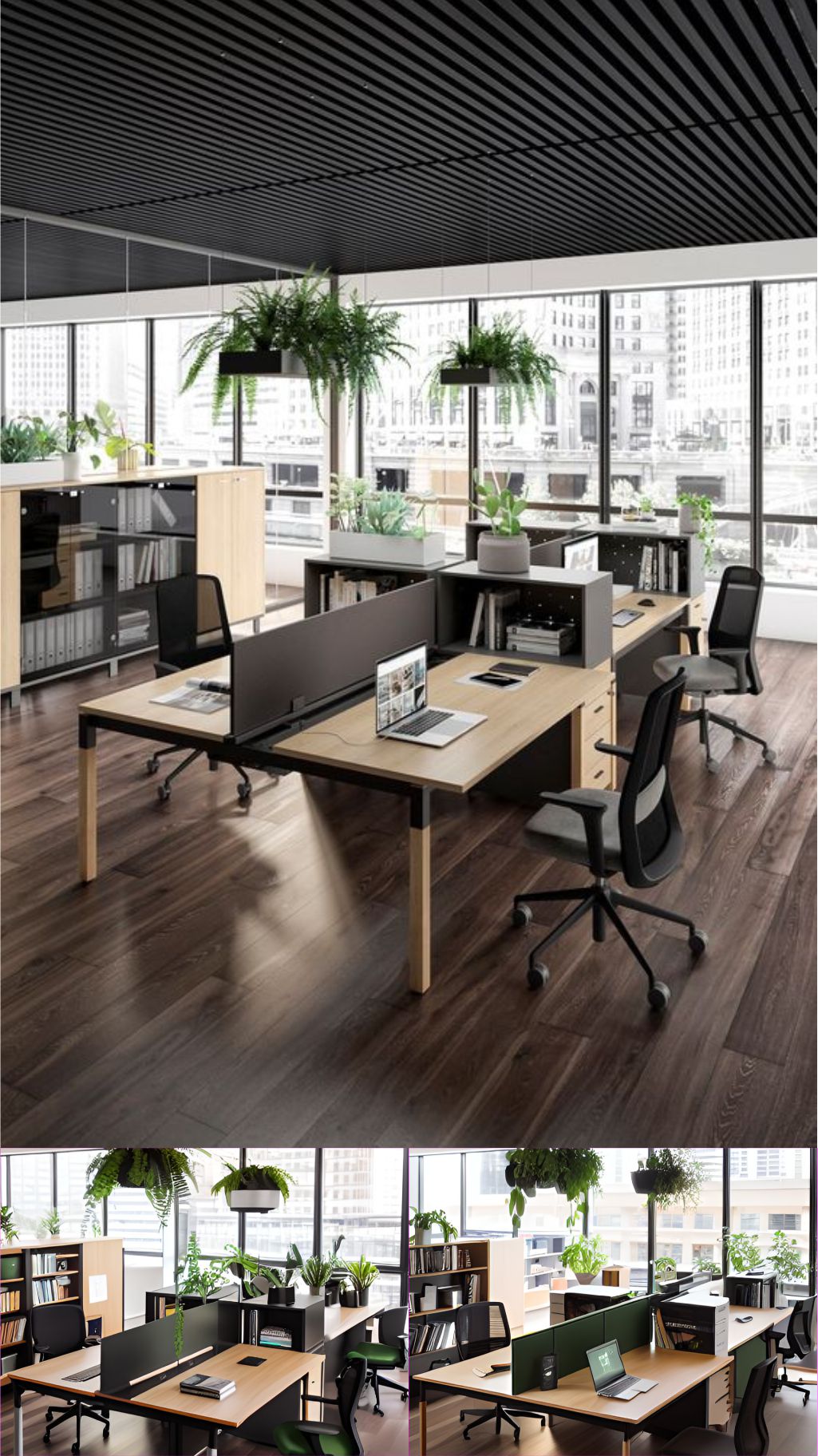 contoh gambar photo desain kantor minimalis dengan tumbuhan bunga dan pot putih meja hpl kayu, lantai kayu  ( design interior office minimalist )