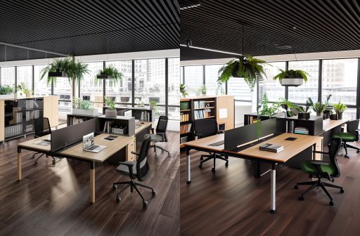contoh gambar photo desain kantor minimalis dengan tumbuhan bunga dan pot putih meja hpl kayu, lantai kayu  ( design interior office minimalist )